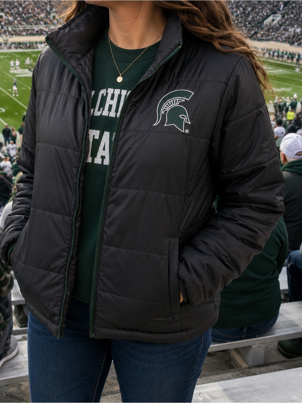 Women's Black Quilted Puffer Jacket with Spartan Logo